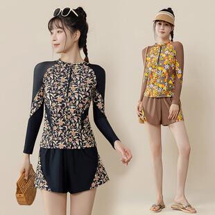 防晒平角分体泳装 泳衣女大码 游泳馆专用微胖女孩保守遮肉显瘦长袖