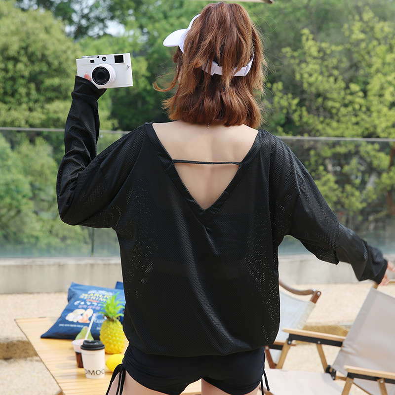 黑色微胖泳衣女遮肉显瘦休闲款分体三件套罩衫长袖挂脖简约泡温泉