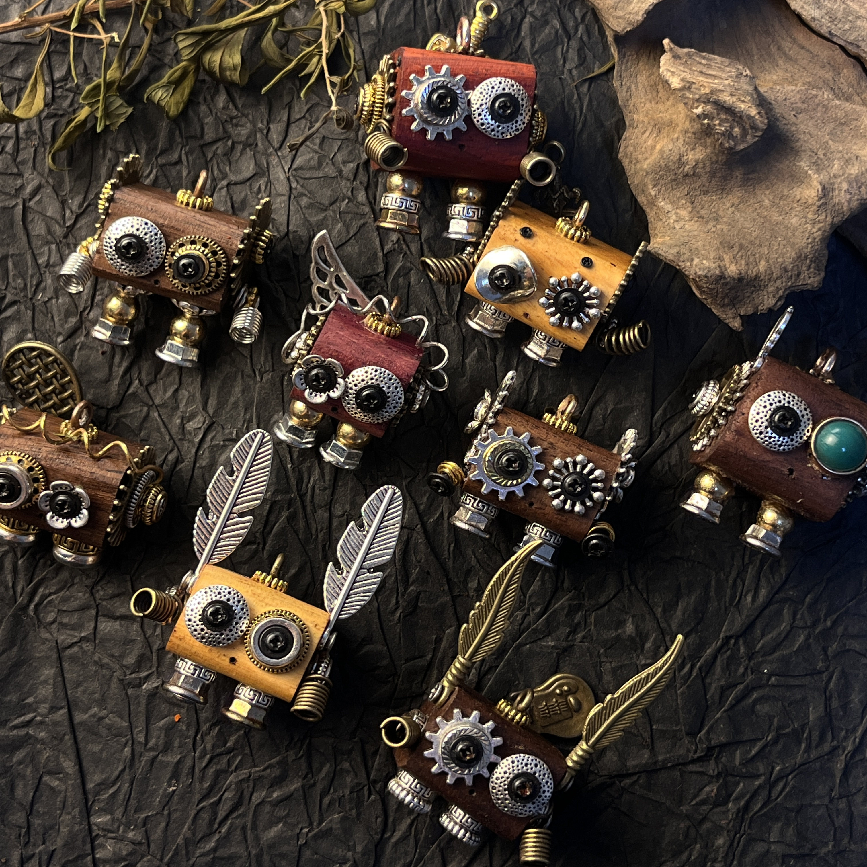 蒸汽朋克风手工机器人钥匙扣小挂件DIY木头包挂精致生日礼物礼盒