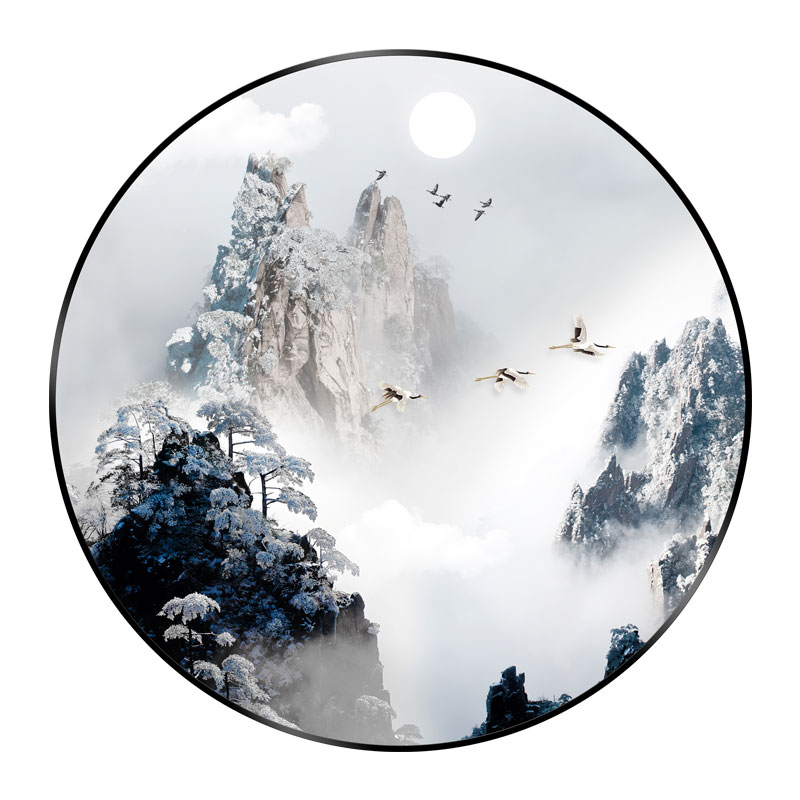 正品手绘油画玄关装饰画中国风圆形挂画新中式山水风景壁画灯画走