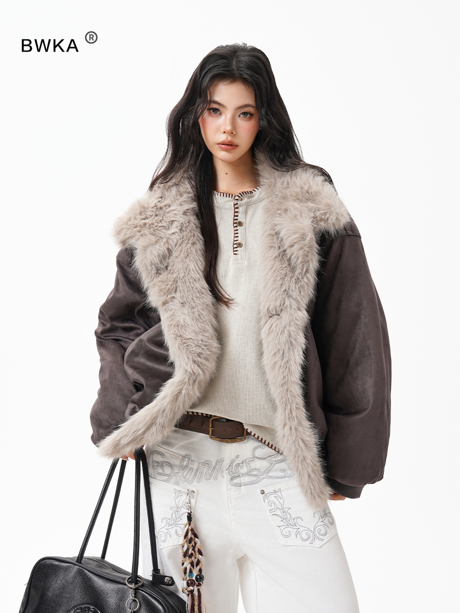 座山雕麂皮绒棉服外套女男冬季潮牌加绒加厚立领夹克廓形保暖棉衣