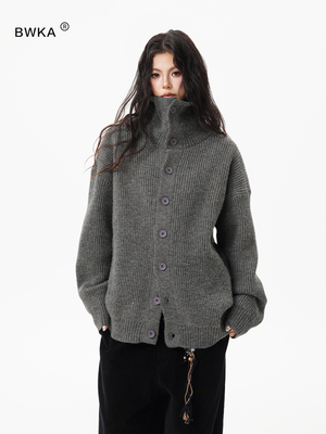美式覆古纽扣高领开衫毛衣女男秋冬重磅宽松慵懒高级感针织衫外套