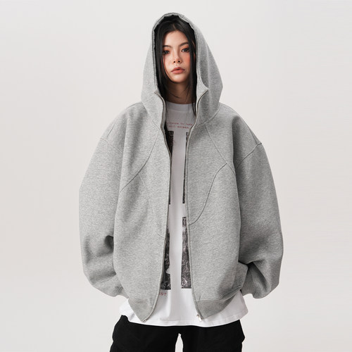 BWKA美式重磅解构连帽开衫卫衣女男秋冬加绒加厚拼接设计感短外套