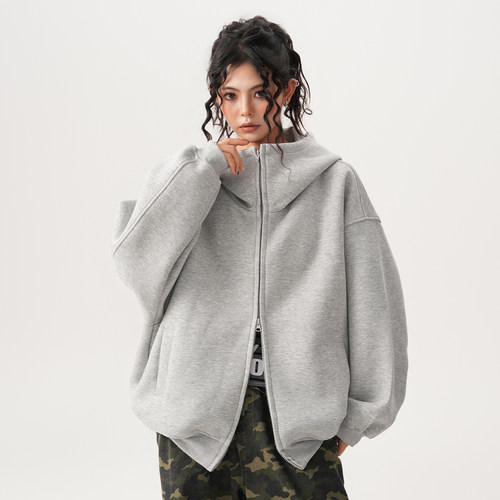 BWKA美式重磅廓形空气层卫衣开衫女男秋冬加绒加厚设计感连帽外套