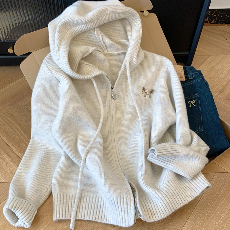 双拉链连帽长袖秋冬针织开衫毛衣外套女士宽松慵懒风高级感上衣