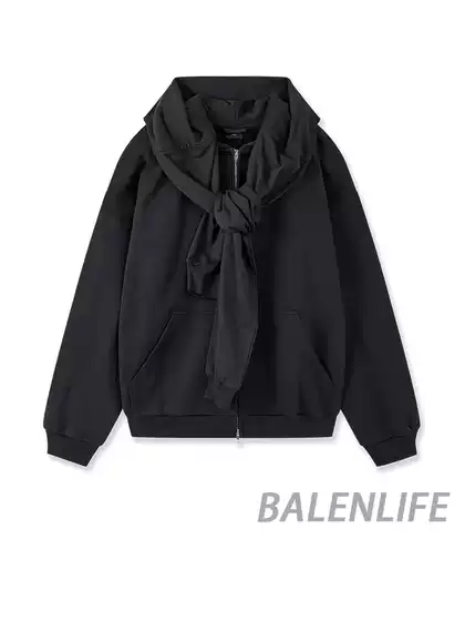 24FW Double-Hat Four-Sleeve Jacket Double-Ring Embroidery Faux Two-Piece Zip-Up Hoodie Black Heavyweight Unisex