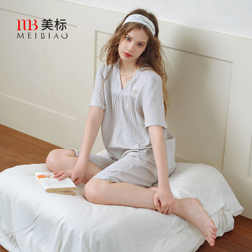 美标女士夏纯棉双层棉纱短袖套装
