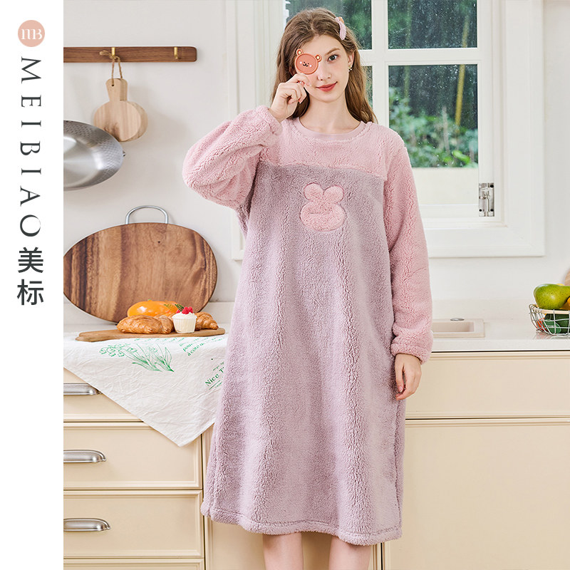 【特价福利】美标保暖珊瑚绒睡裙女冬卡通舒棉绒睡衣法兰绒家居服