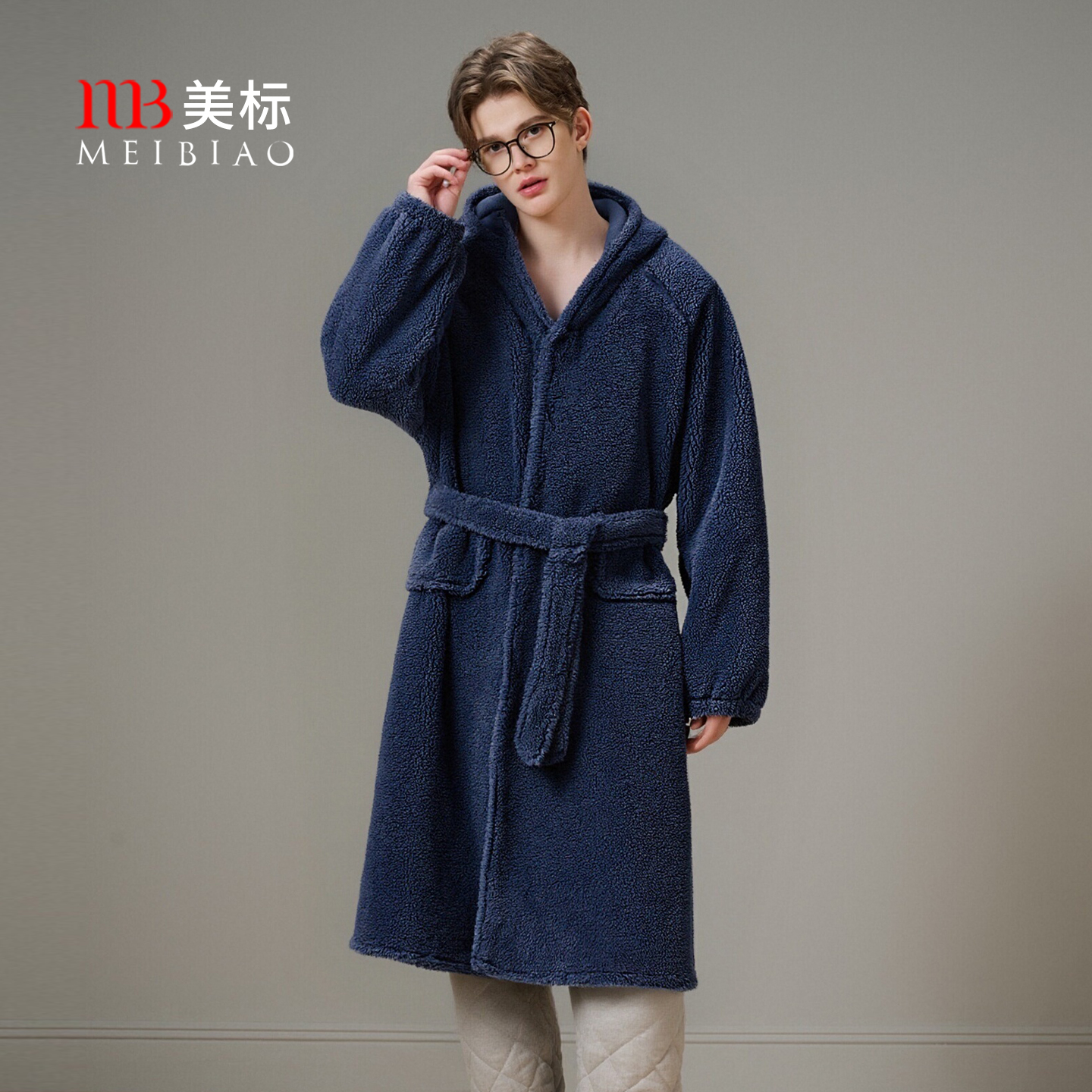 美标珊瑚绒男复合舒棉绒连帽睡袍