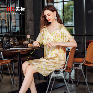 美标重磅真丝睡裙女夏短袖 100%桑蚕丝睡衣冰氧凉感丝绸盘扣家居服