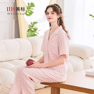 休闲格子双层棉纱全棉家居服 美标新款 短袖 纯棉睡衣套装 女春夏薄款