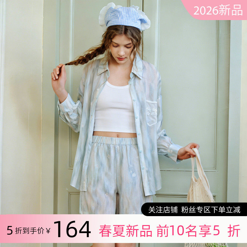 美标2026春夏新款长袖短裤防晒衬衫套装女士莱赛尔亚麻薄款家居服