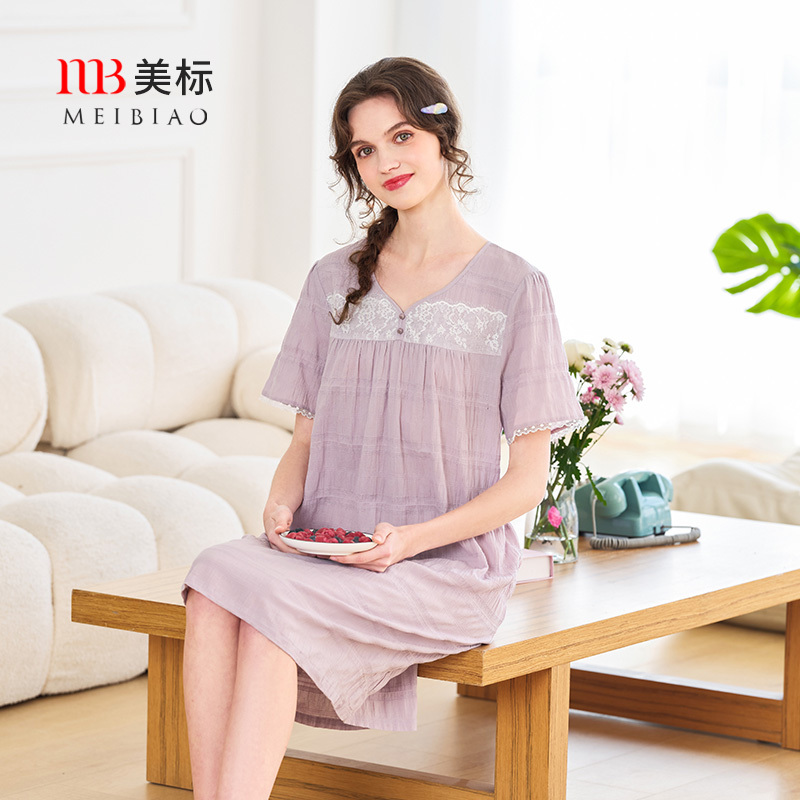 美标新款短袖纯棉睡裙女春夏全棉睡衣甜美公主风蕾丝可外穿家居服
