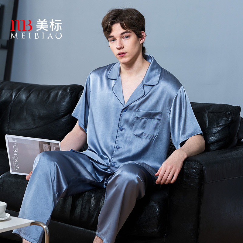 美标2025新款短袖真丝睡衣套装男士春夏重磅丝绸100%桑蚕丝家居服