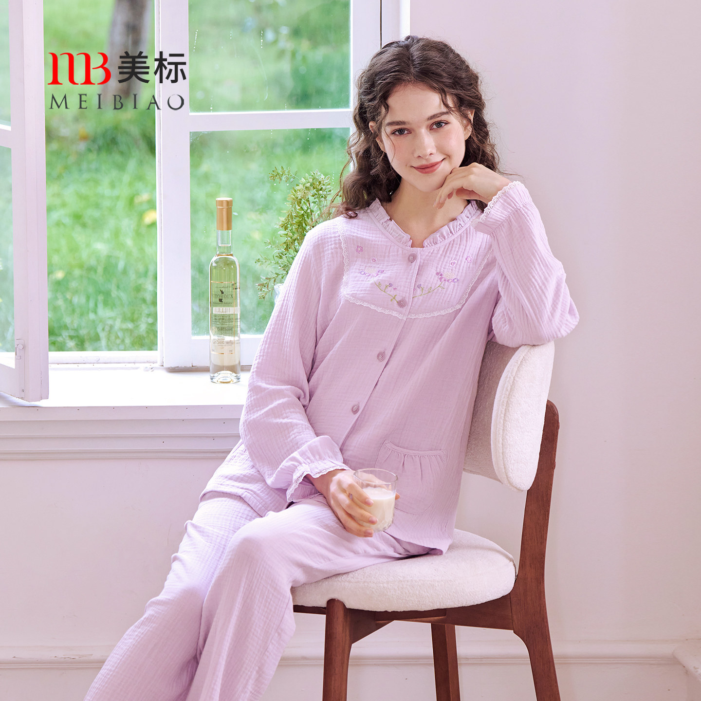 美标春秋新款长袖纯棉睡衣套装女全棉质可外穿休闲双层棉纱家居服