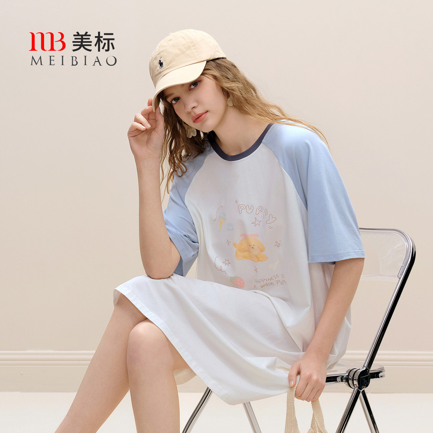 美标春夏新款短袖纯棉睡裙女夏薄款卡通可爱全棉睡衣可外穿家居服