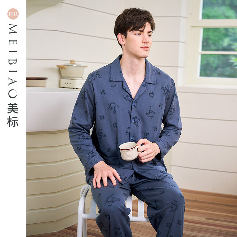 美标【超柔软】长袖纯棉睡衣男春秋卡通印花可外穿全棉家居服套装