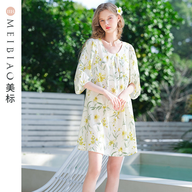 美标春夏新款七分袖棉质度假风棉麻睡裙女甜美睡衣薄款凉感家居服