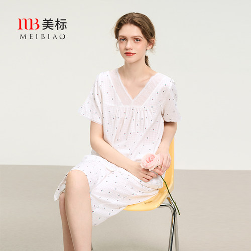 美标纯棉女士短袖提花睡衣套装