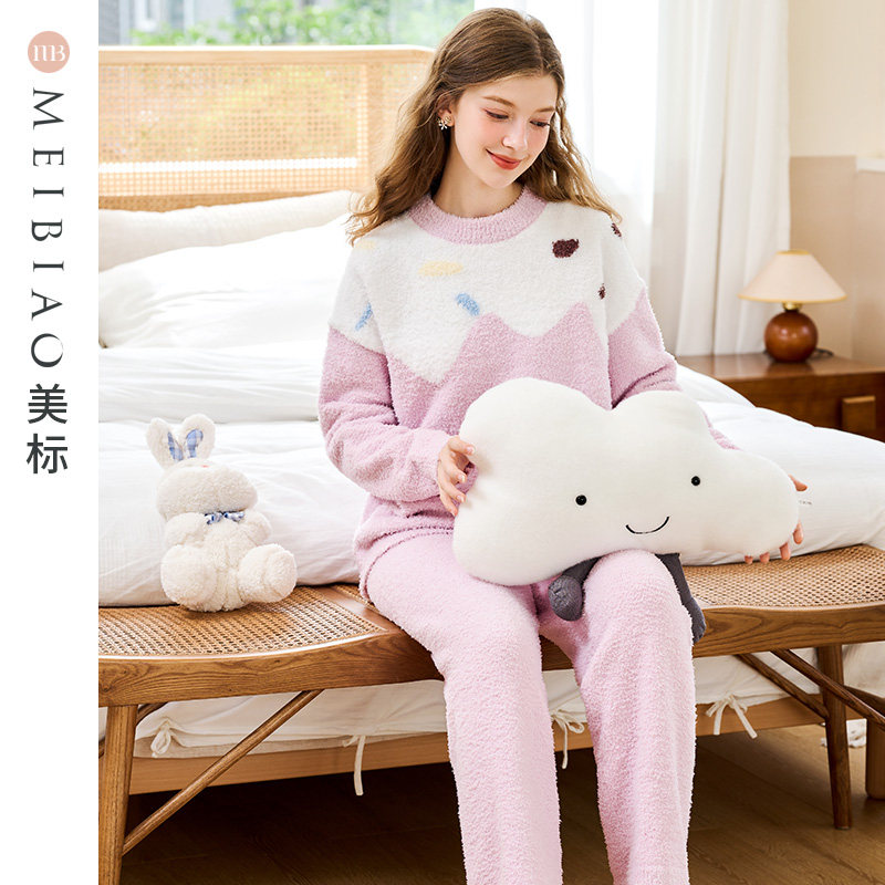美标半边绒睡衣套装女秋冬甜美时尚保暖雪尼尔珊瑚绒可外穿家居服