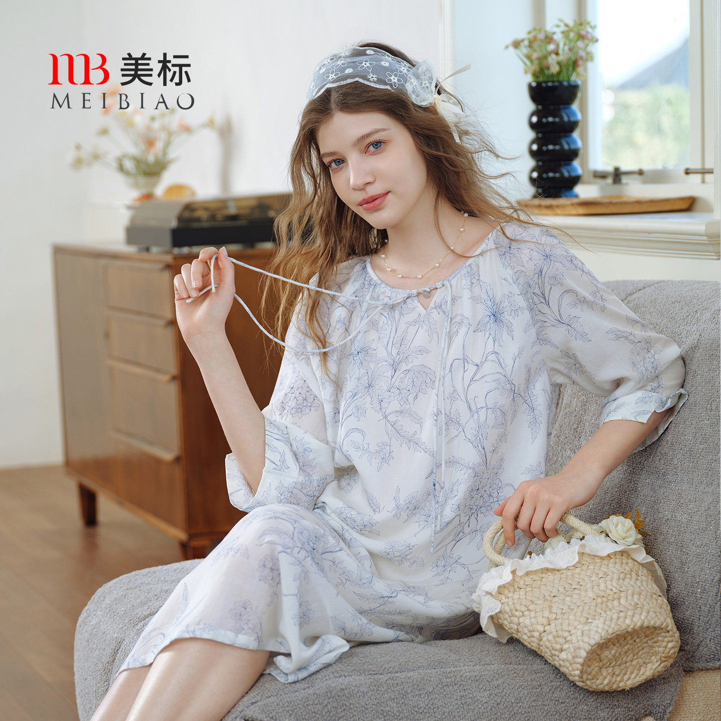 美标新款七分袖莱赛尔亚麻睡裙女春夏季可外穿睡衣里料纯棉家居服