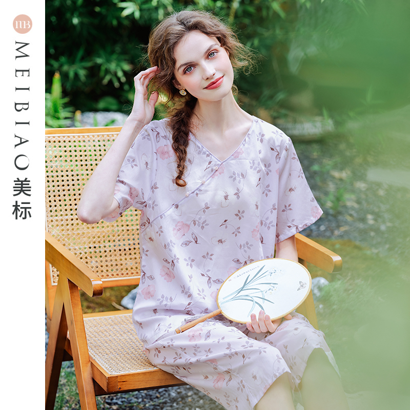 美标女纯棉贡缎印花短袖套装