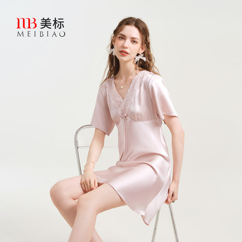 美标真丝短袖花边睡裙