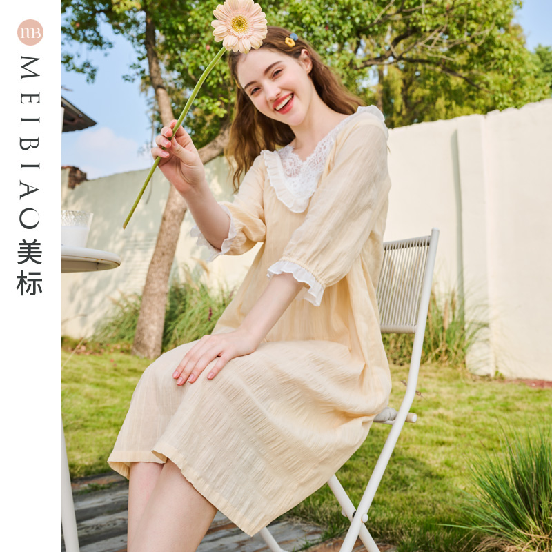 美标新款七分袖纯棉睡裙女春夏薄款全棉睡衣宫廷风甜美公主家居服