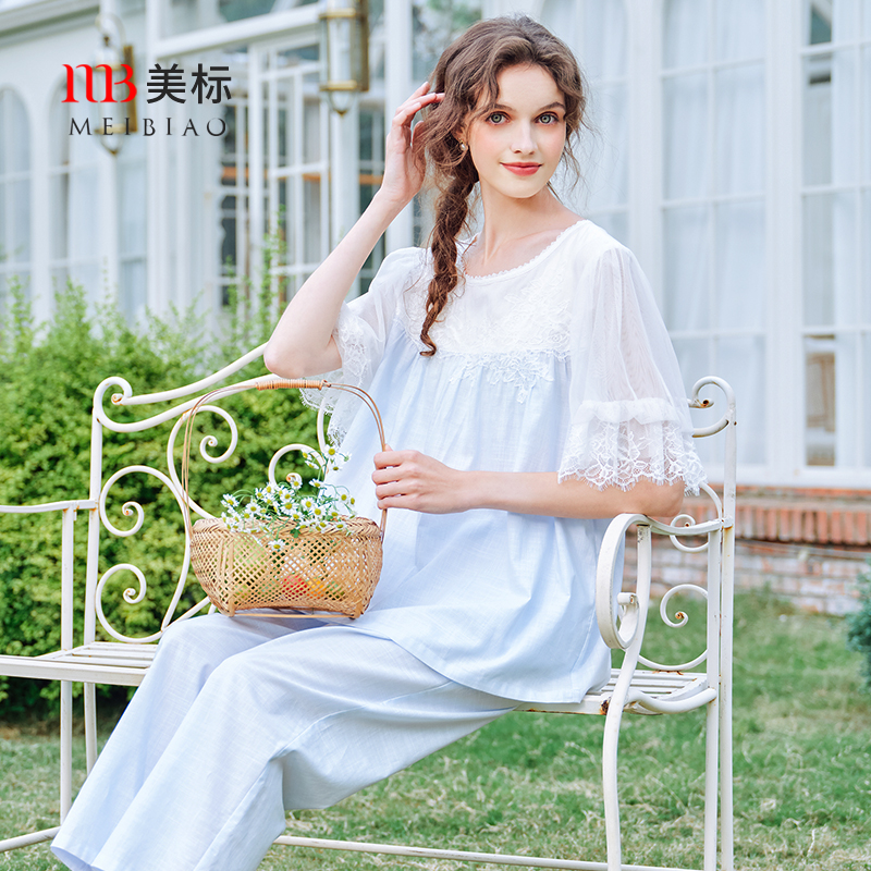 美标新款短袖莱赛尔睡衣套装女春夏薄款甜美可外穿棉质蕾丝家居服