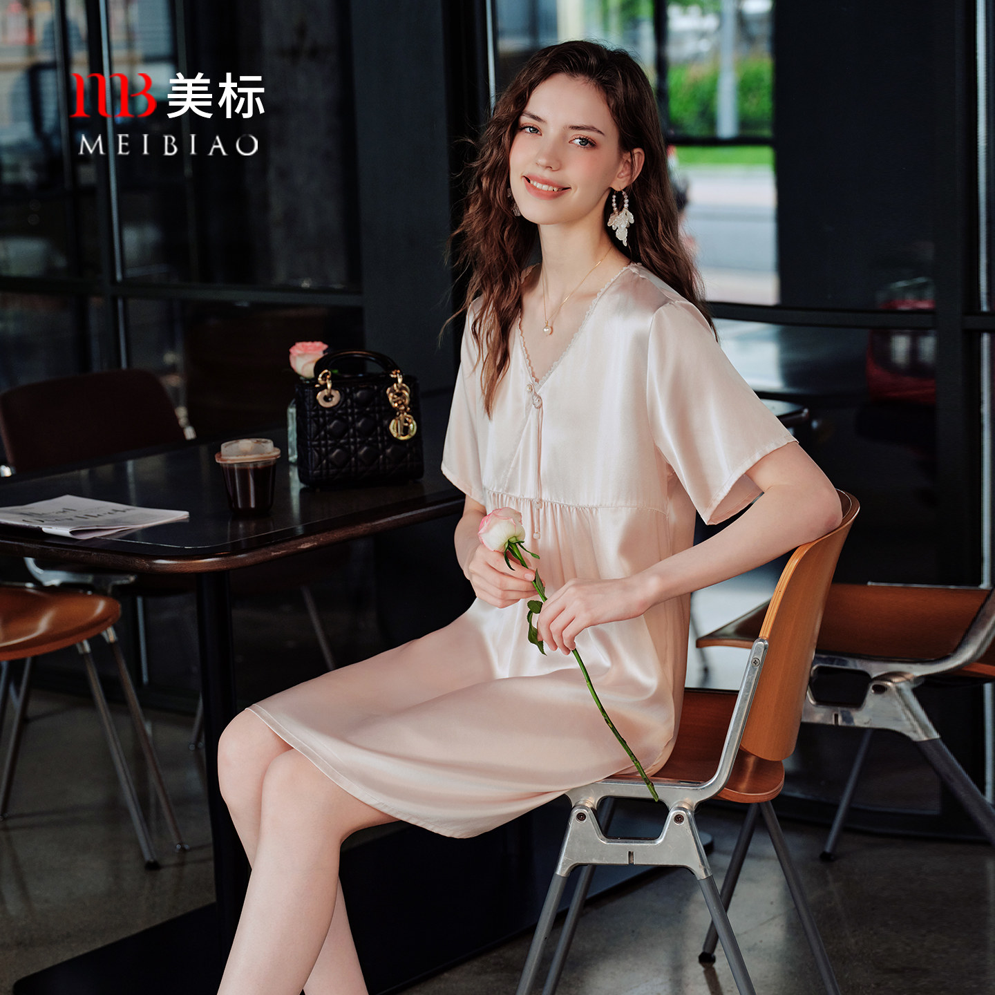 美标新款短袖真丝睡裙女夏6A级桑蚕丝家居服新中式中国风丝绸睡衣