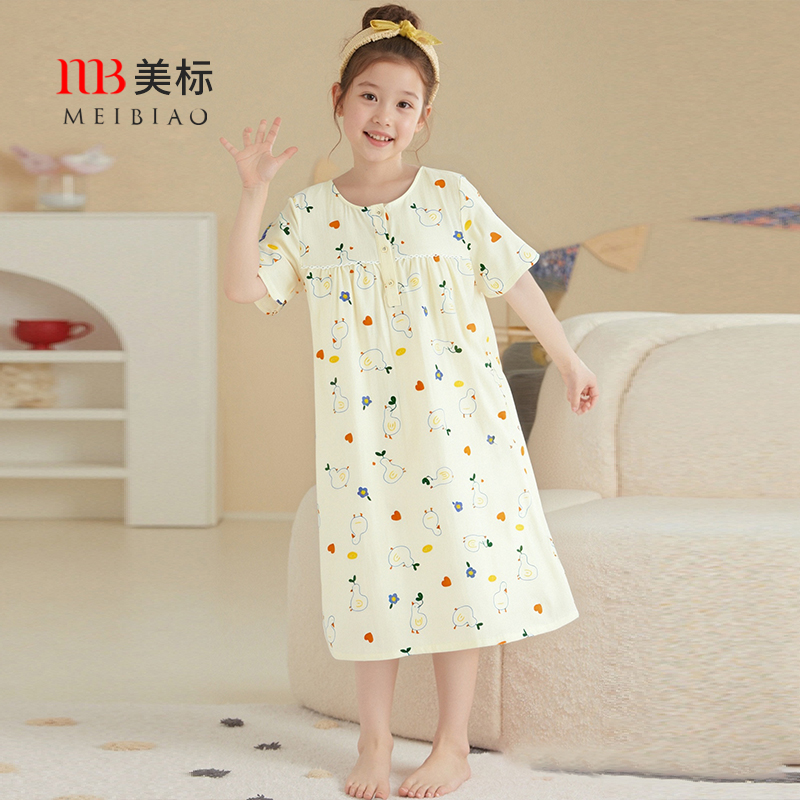 美标新款短袖儿童纯棉睡裙女童春夏薄款卡通可爱睡衣全棉质家居服
