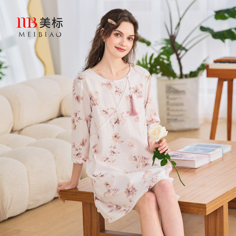 美标春夏七分袖新中式中国风睡衣纯棉睡裙女复古贡缎全棉质家居服