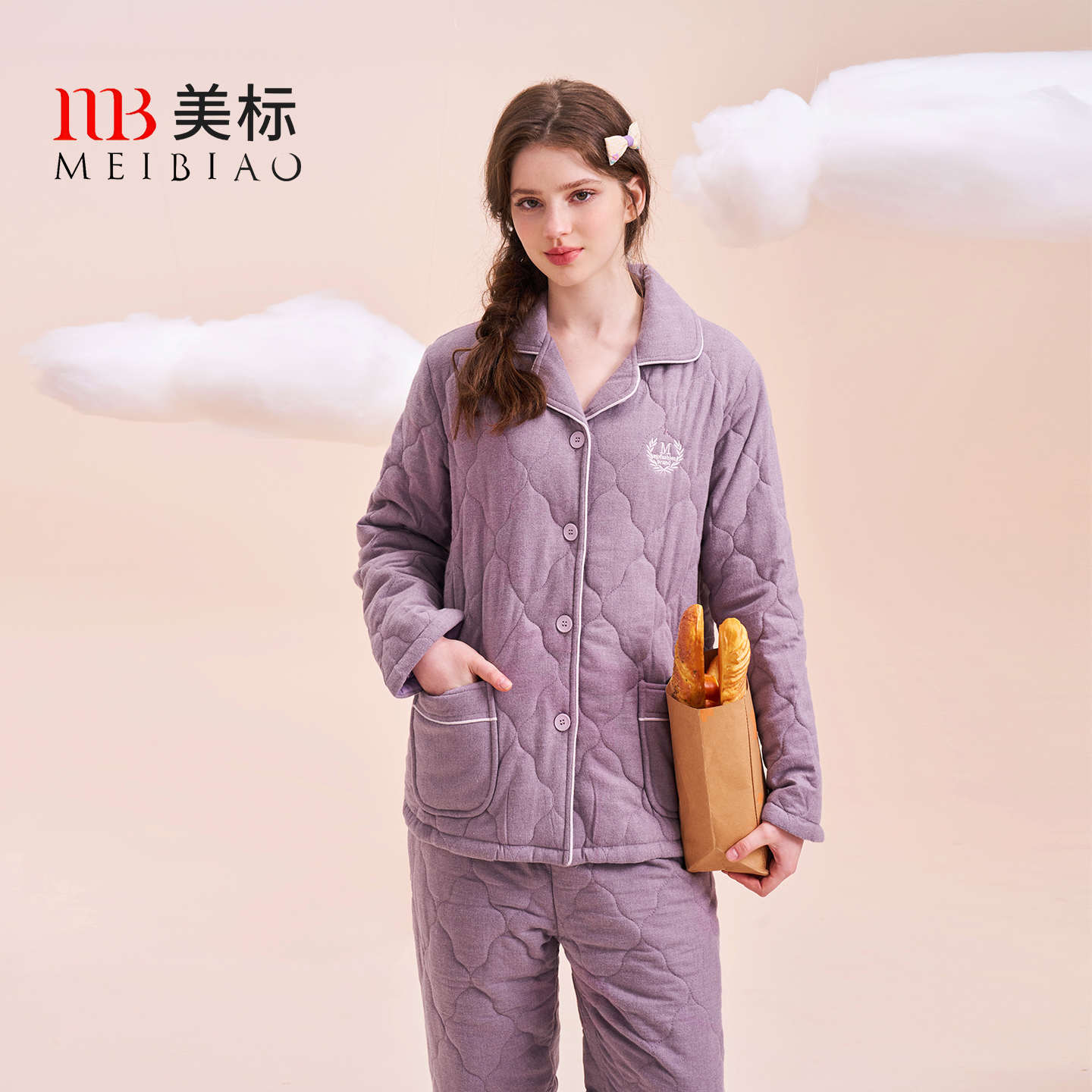 咖啡碳夹棉梭织夹棉套装美标情侣