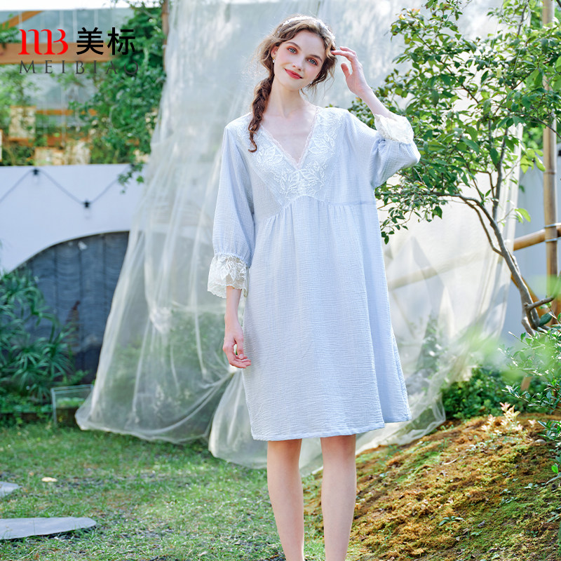 【断码清仓】美标春夏七分袖纯棉睡裙女公主风双层棉纱蕾丝家居服