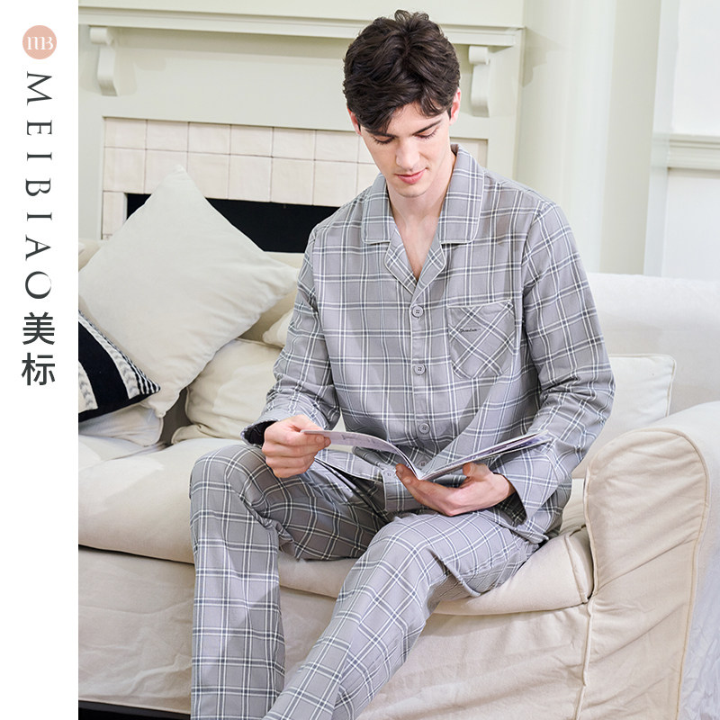 美标新款长袖纯棉睡衣套装男士春秋休闲格子可外穿全棉家居服套装