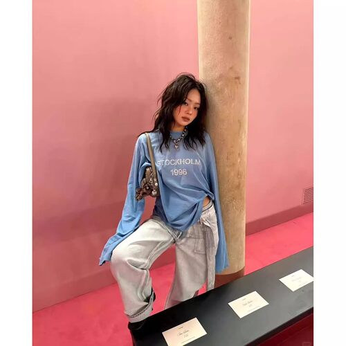 小众设计~26春夏新配色1996字母宽松防晒复古蓝色印花长袖T恤男女