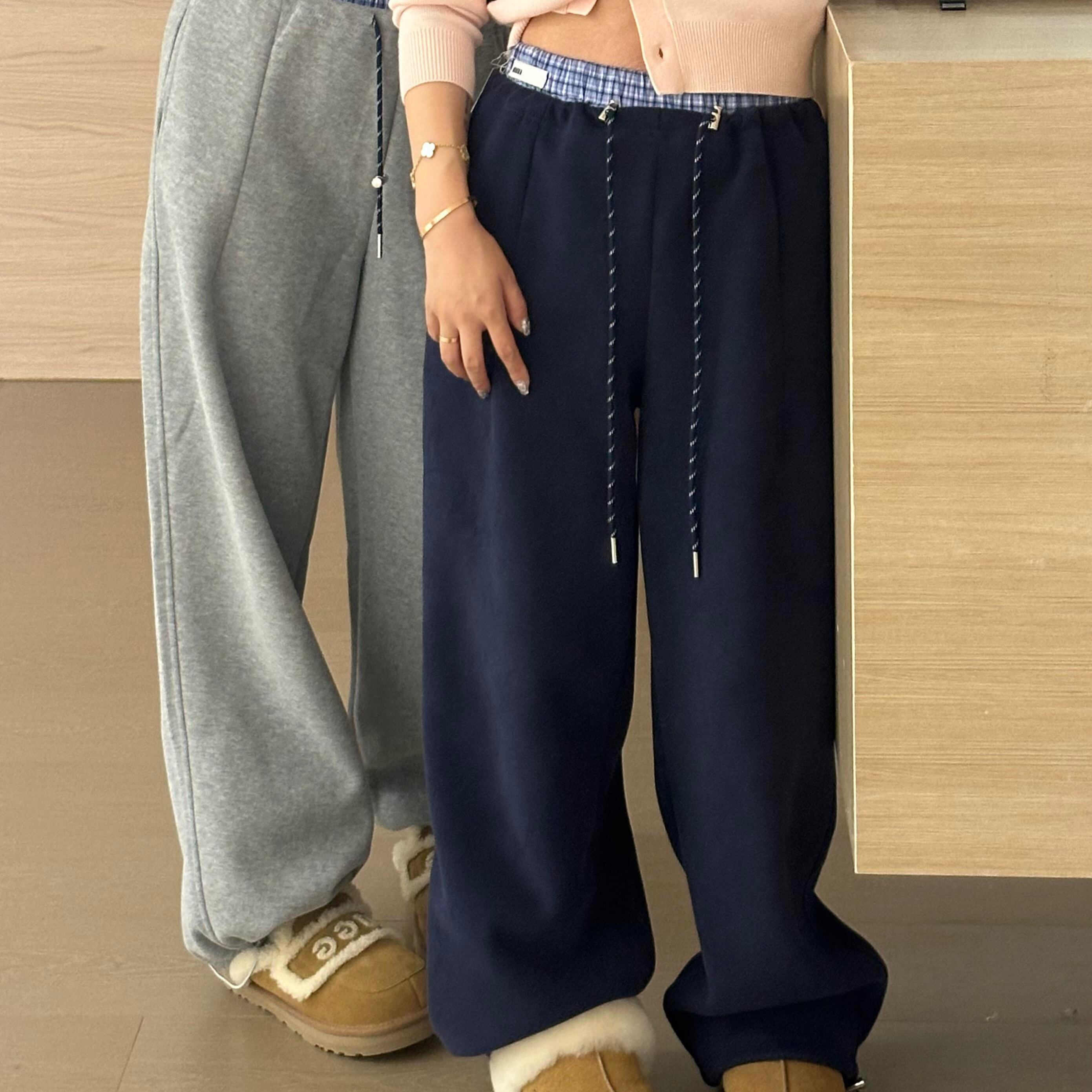 miu系秋冬格纹拼接卫裤