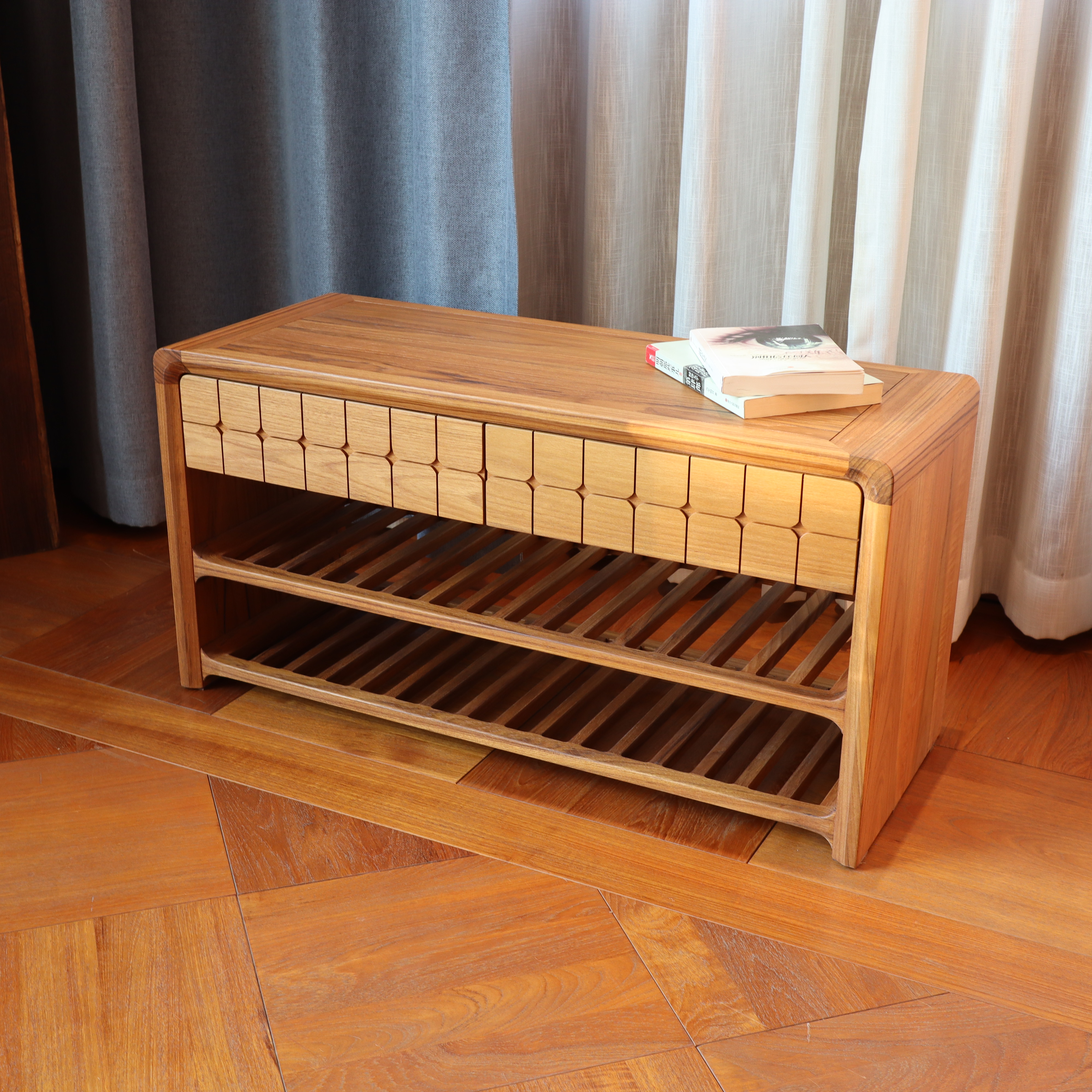 小钟 NOOK换鞋凳缅甸柚木实木玄关凳子收纳凳矮凳带抽屉