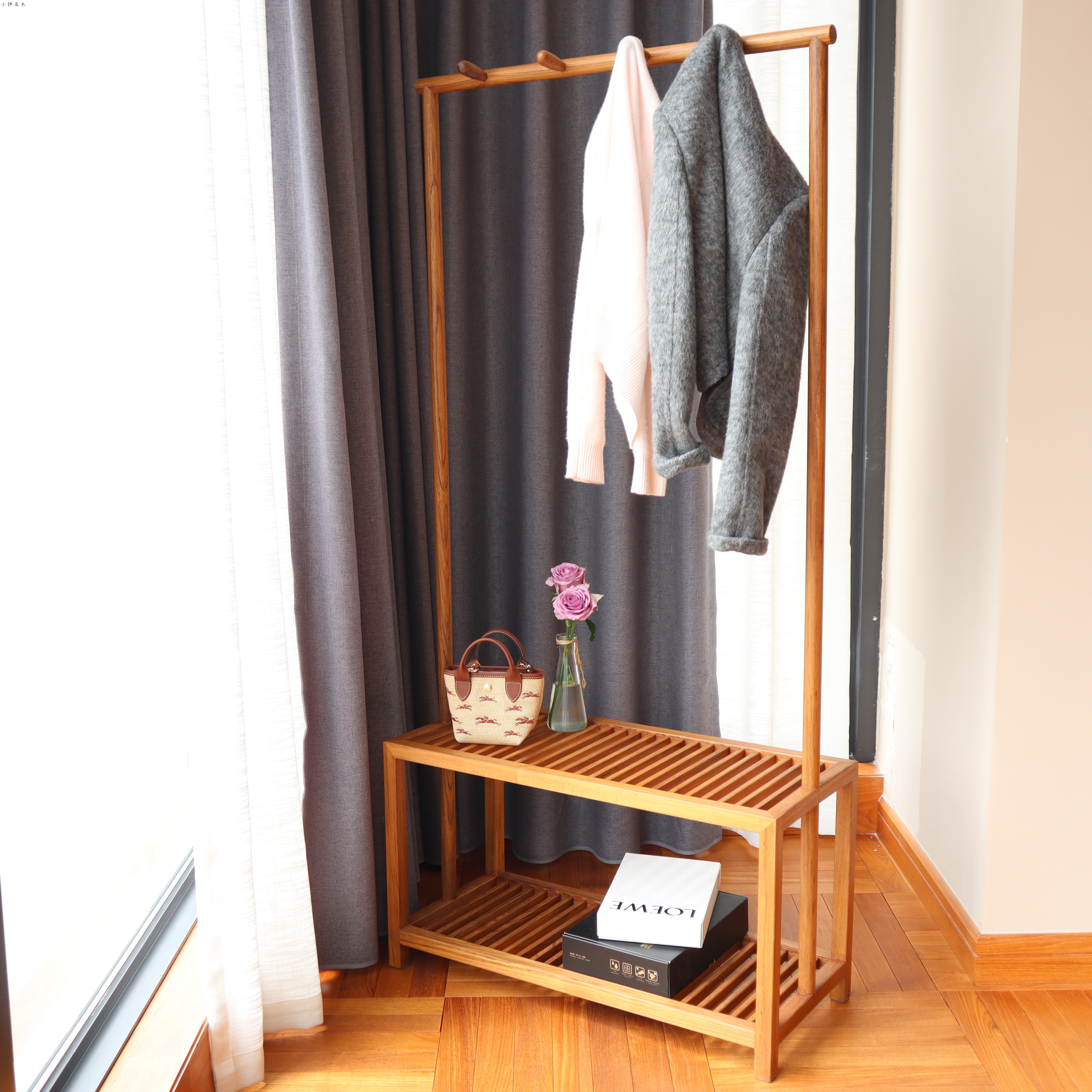 小钟名木缅甸柚木实木衣架落地