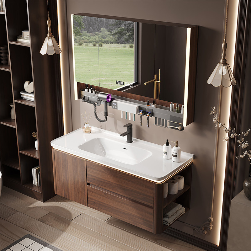 中古风胡桃木陶瓷一体盆浴室柜组合卫生间洗手洗脸盆柜智能洗漱台,家装主材,浴室柜组合,淘宝优惠券,粉丝福利购,淘宝优惠卷