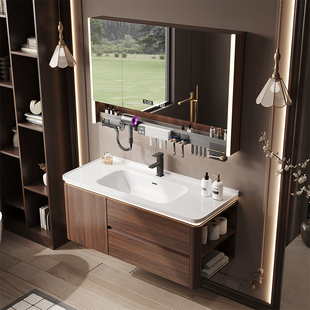 中古风胡桃木陶瓷一体盆浴室柜组合卫生间洗手洗脸盆柜智能洗漱台