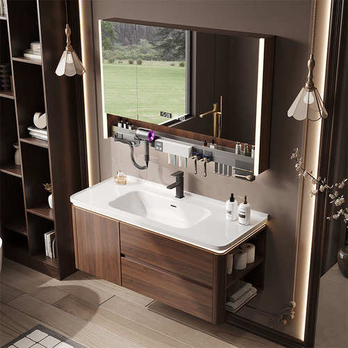中古风胡桃木陶瓷一体盆浴室柜组合卫生间洗手洗脸盆柜智能洗漱台