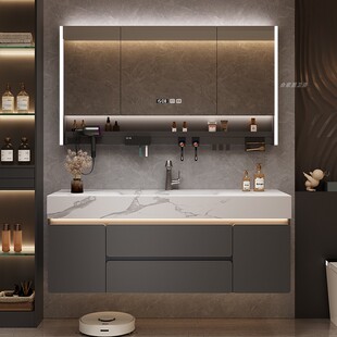 现代轻奢岩板热弯一体盆浴室柜组合卫生间洗漱台洗手池洗脸池盆柜