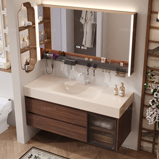 中古风胡桃木岩板热弯一体盆浴室柜卫生间洗手洗漱台洗脸盆柜组合