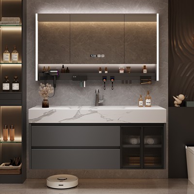 轻奢风岩板热弯一体盆浴室柜组合卫生间洗手洗脸盆柜实木洗漱台池