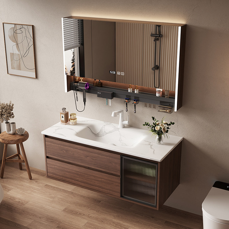 胡桃木岩板热弯一体盆中古风浴室柜组合卫生间洗脸盆柜洗手洗漱台,家装主材,浴室柜组合,淘宝优惠券,粉丝福利购,淘宝优惠卷