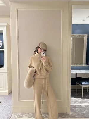 DAKUANGA 私服一体绒华夫格立领老钱立领卫衣运动休闲长裤套装