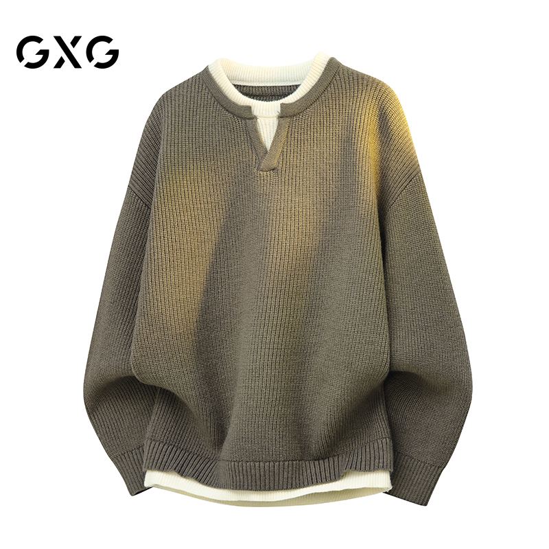 GXG冬季假两件圆领针织毛衣男士