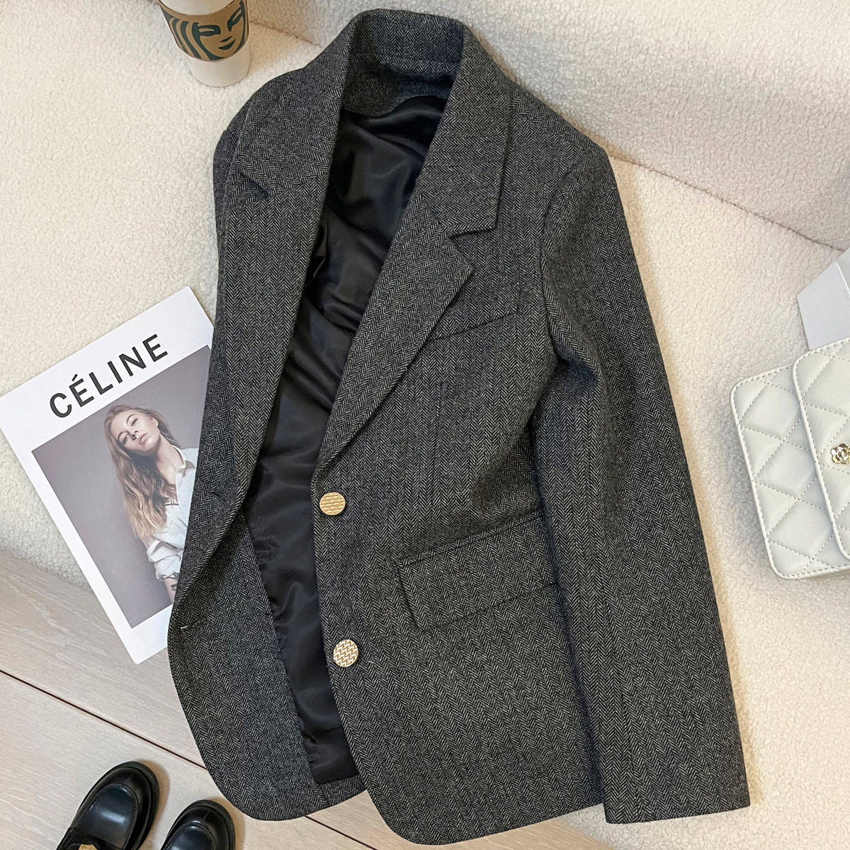 韩国高级感灰色毛呢西装外套女2025春秋新款显瘦英伦风通勤小西服