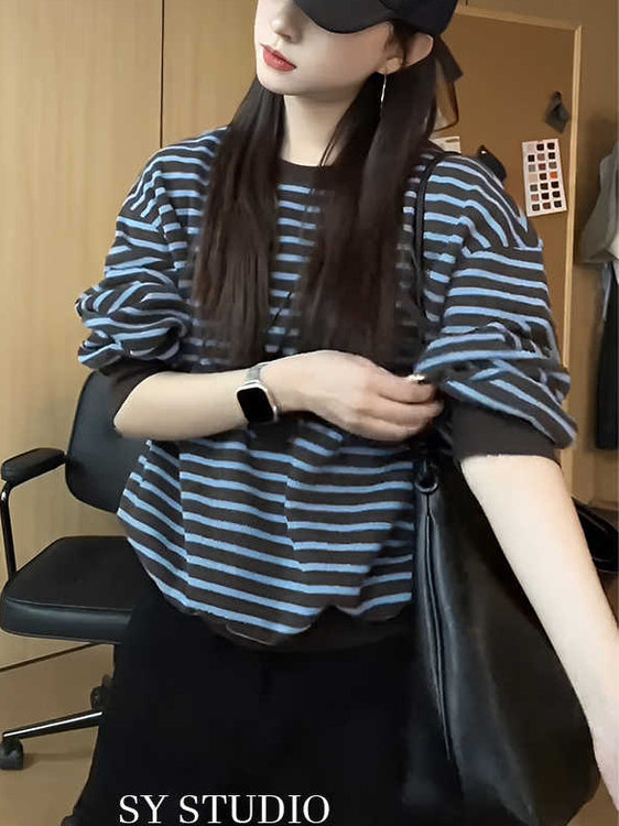韩国时尚条纹套头卫衣外套女士2025秋季港味宽松休闲黑白百搭上衣